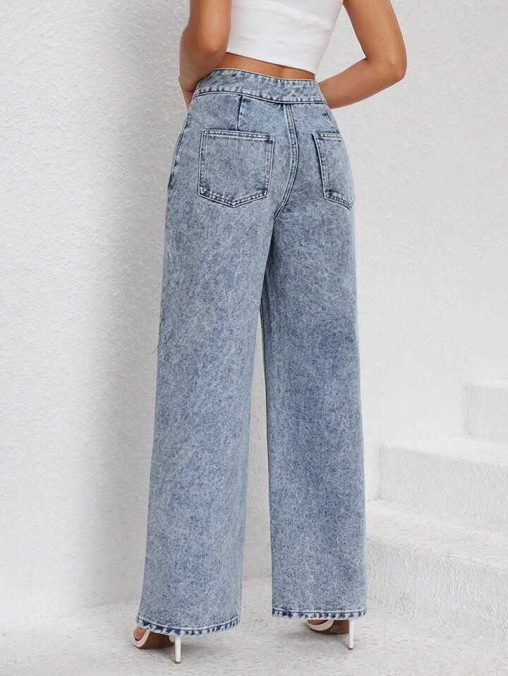 CM-BS591917 Women Casual Seoul Style Light Wash High Waist Seam Detail Straight Leg Jeans