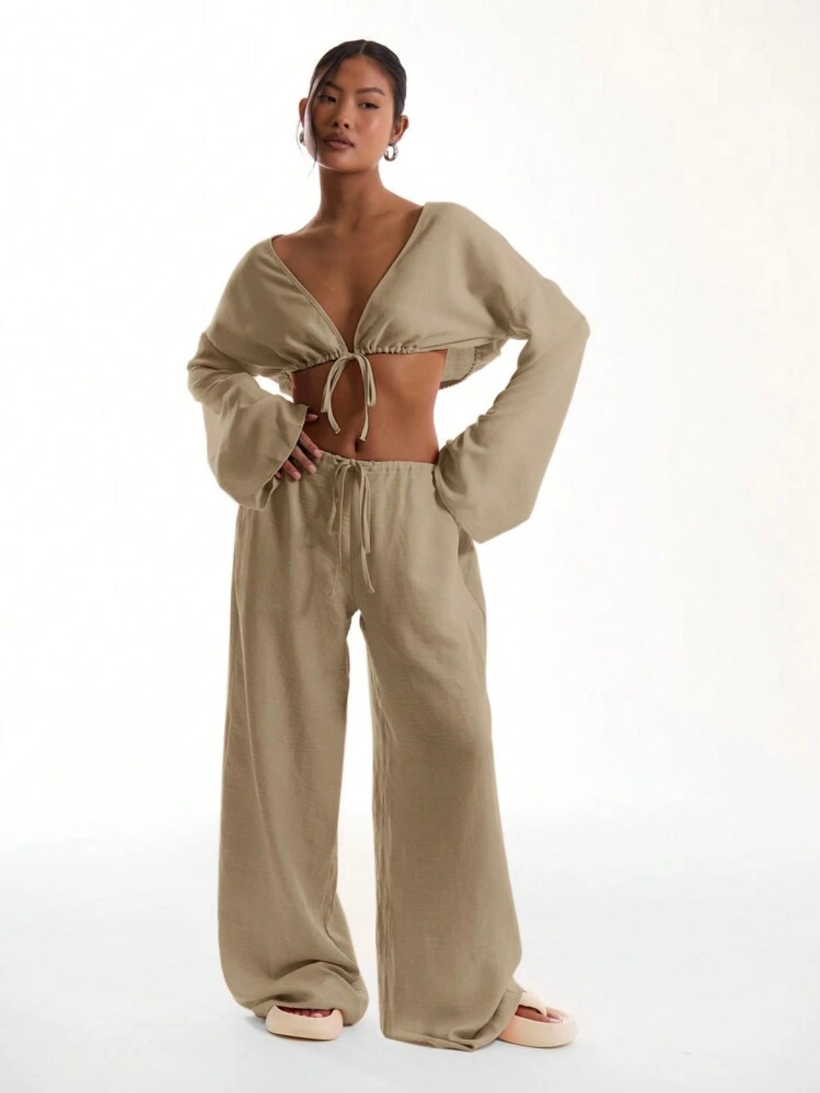CM-BS695452 Women Trendy Bohemian Style Tie Front Linen Feel Beach Trouser - Beige