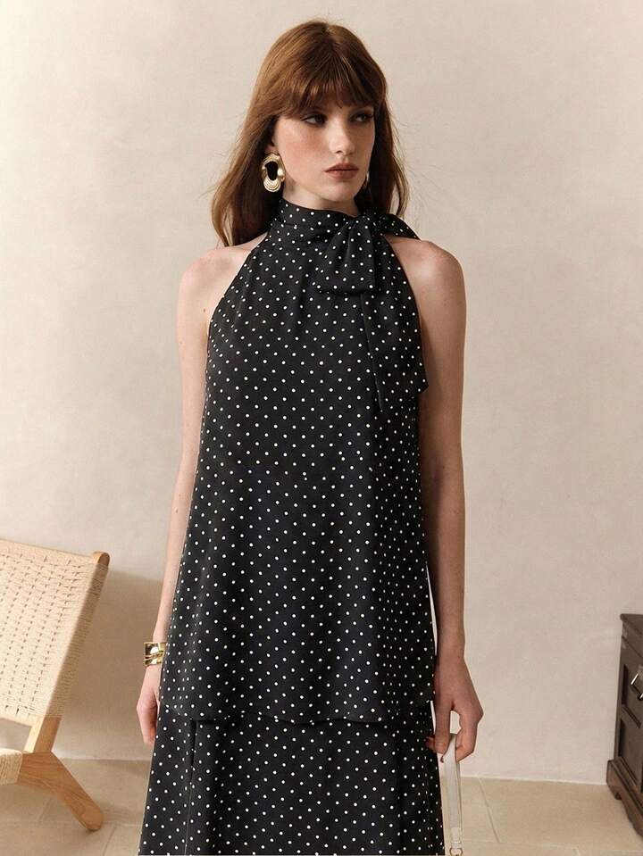 CM-BS501944 Women Trendy Bohemian Style Chiffon Polka Dot Print Sleeveless Halter Neck Top With Skirt - Set