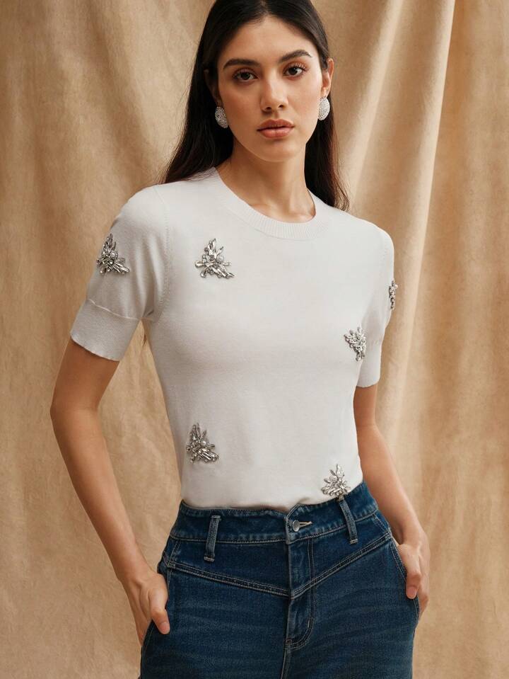 CM-TS417773 Women Casual Seoul Style Butterfly Diamond Decor Short Sleeve T-Shirt - White