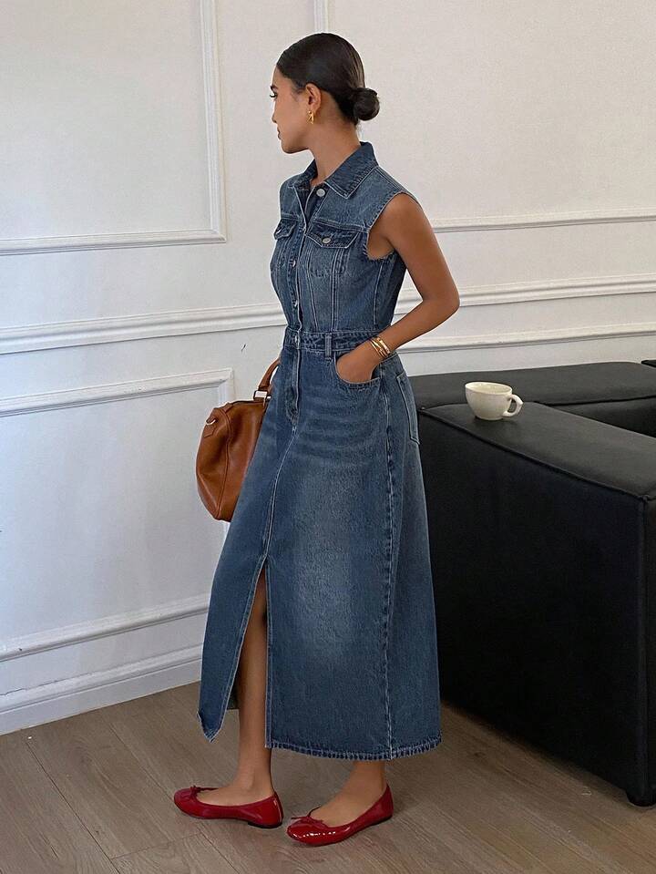 CM-DS949833 Women Casual Seoul Style Collar Neckline Sleeveless High Waist Denim Dress - Blue