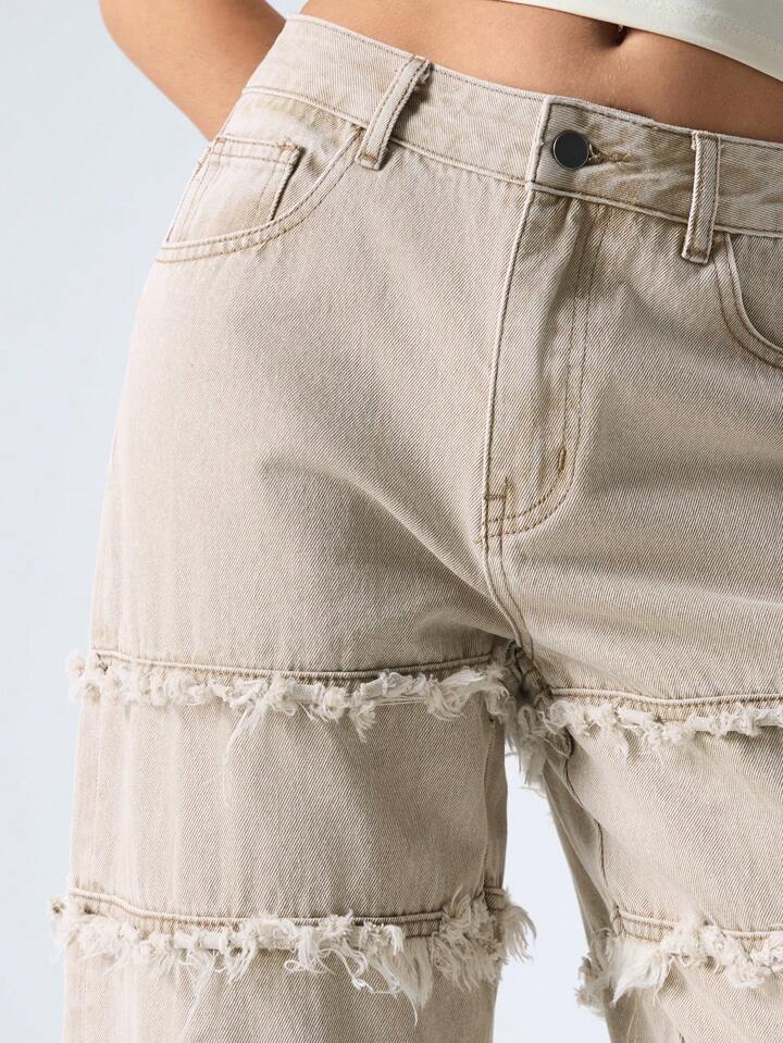 CM-BS705533 Women Casual Seoul Style Pocket Fray Hem Relaxed Straight Leg Jeans - Khaki