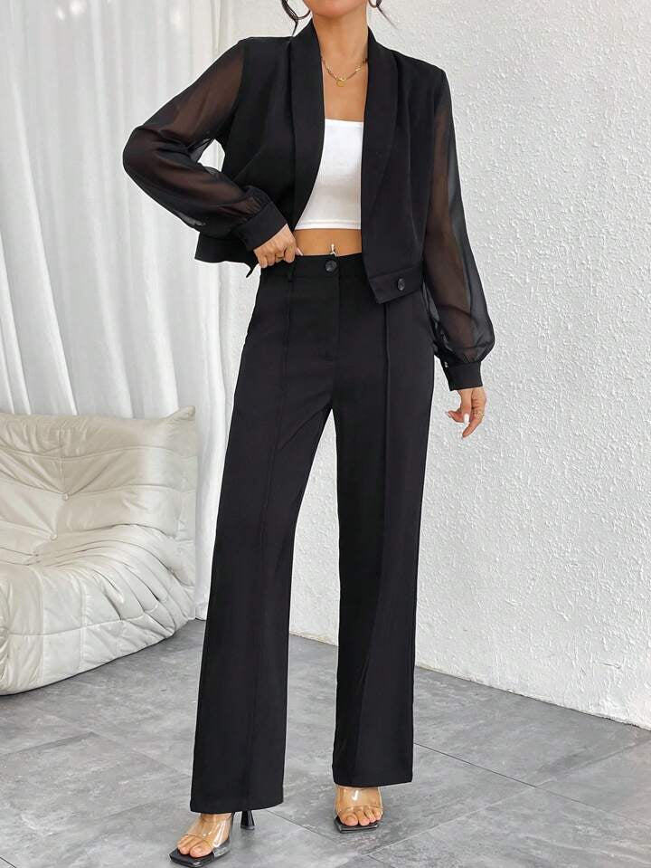 CM-SS766972 Women Elegant Seoul Style Sheer Mesh Insert Long Sleeve Blazer With Pants Suit - Black