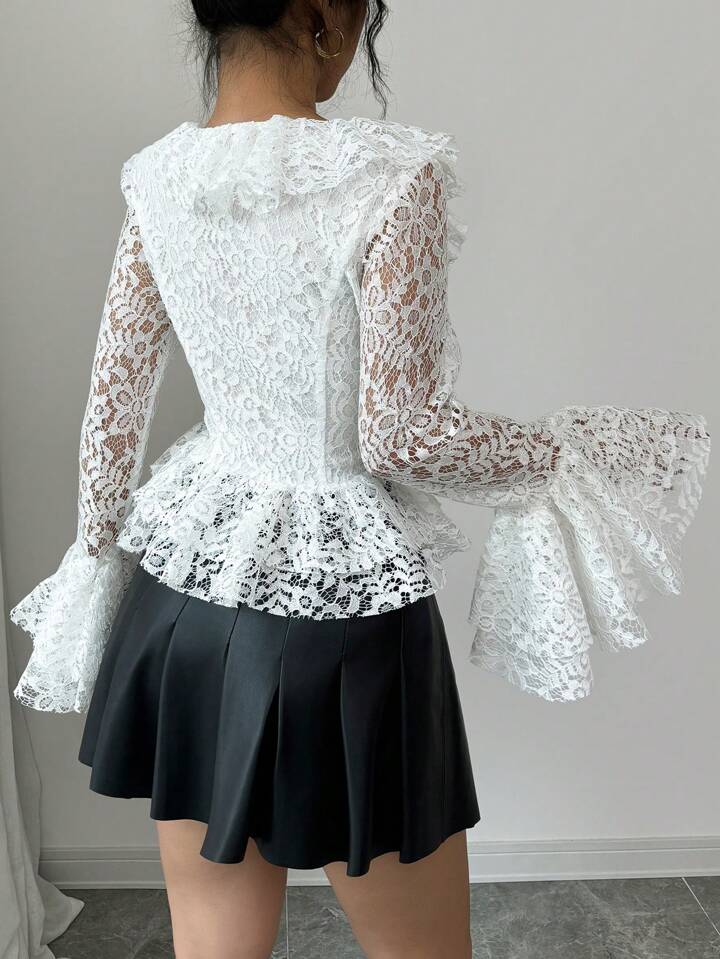 CM-TS158537 Women Elegant Seoul Style Square Neck Ruffled Floral Lace Flare Sleeve Blouse - White