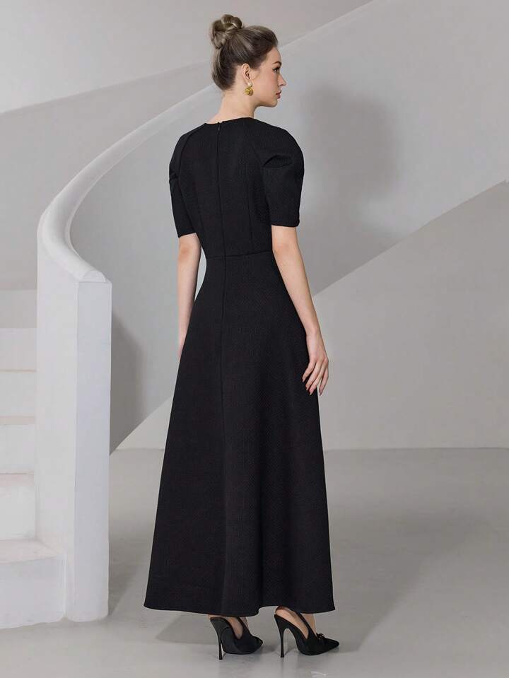 CM-DS920740 Women Casual Seoul Style Square Neck Puff Sleeve High Waist Long Dress - Black