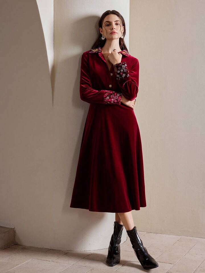 CM-DS682190 Women Retro Seoul Style Velvet Floral Embroidered Turn-Down Collar Long Dress - Burgundy
