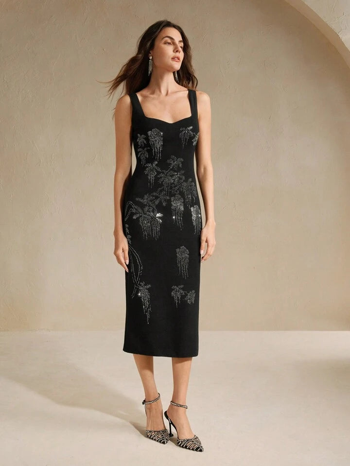 CM-DS417113 Women Elegant Seoul Style Rhinestone Decor Sleeveless Backless Wide Strap Dress - Black