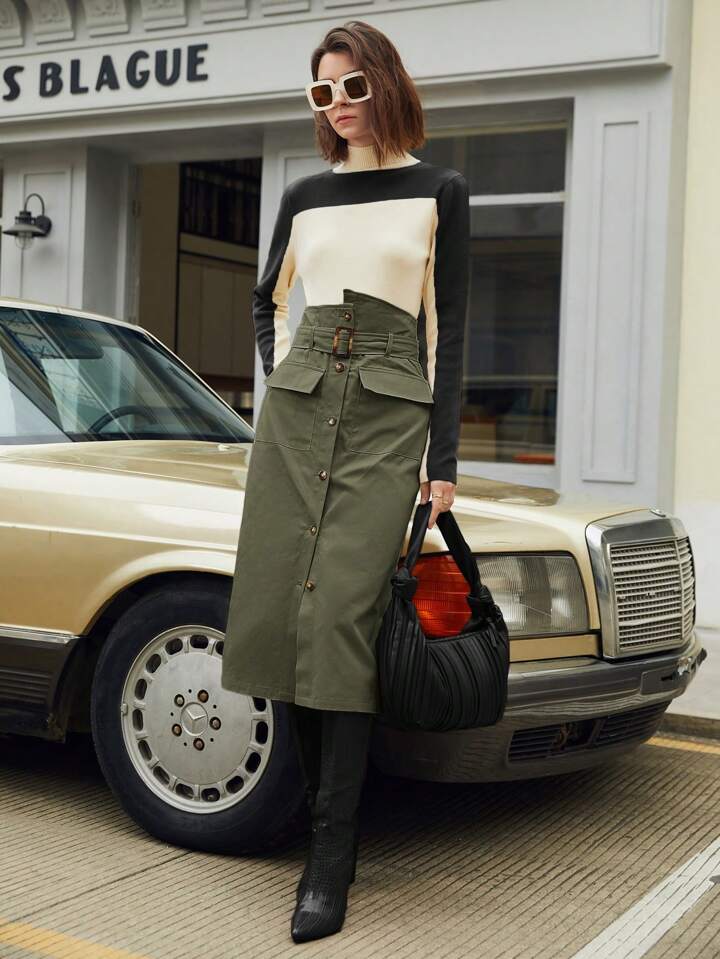 CM-BS042185 Women Casual Seoul Style Flap Pocket Button Front Belted Skirt - Army Green