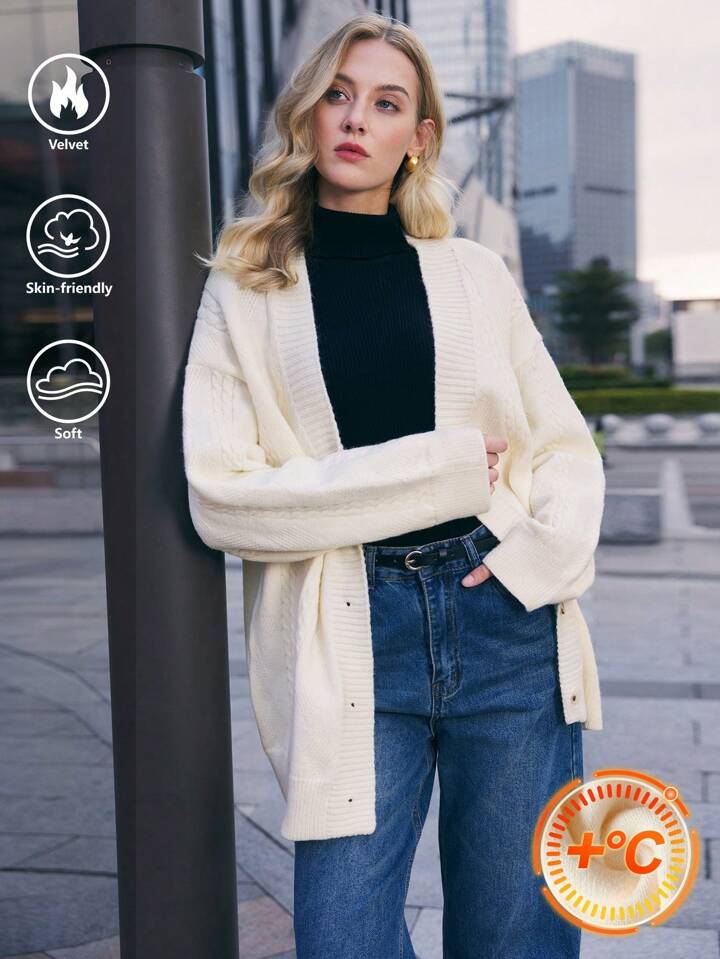 CM-CS539199 Women Casual Seoul Style V-Neck Drop Shoulder Long Sleeve Cardigan Sweater - Apricot