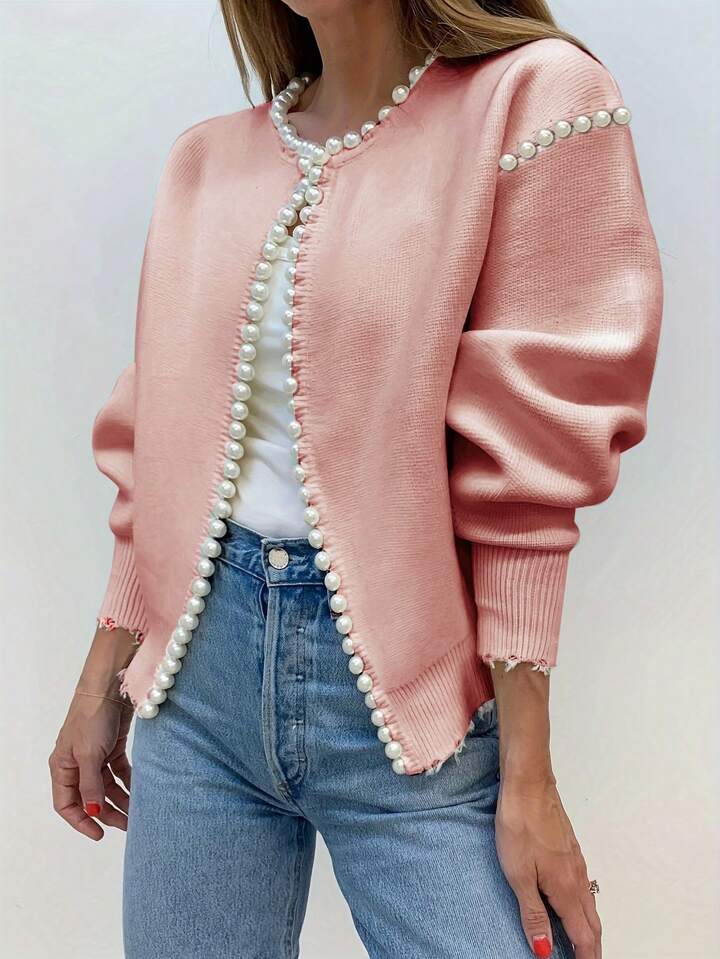 CM-CS621759 Women Casual Seoul Style Pearl Trim Distressed Hem Long Sleeve Knit Sweater - Pink