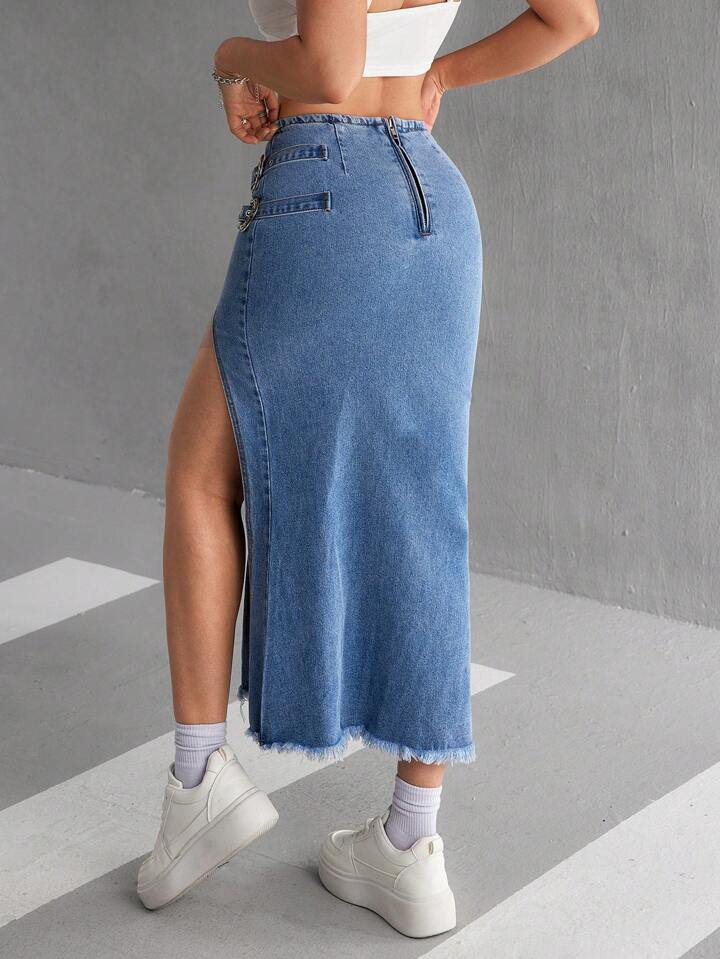 CM-BS748262 Women Casual Seoul Style Side Eyelet Buckle Slit Hem Long Denim Skirt