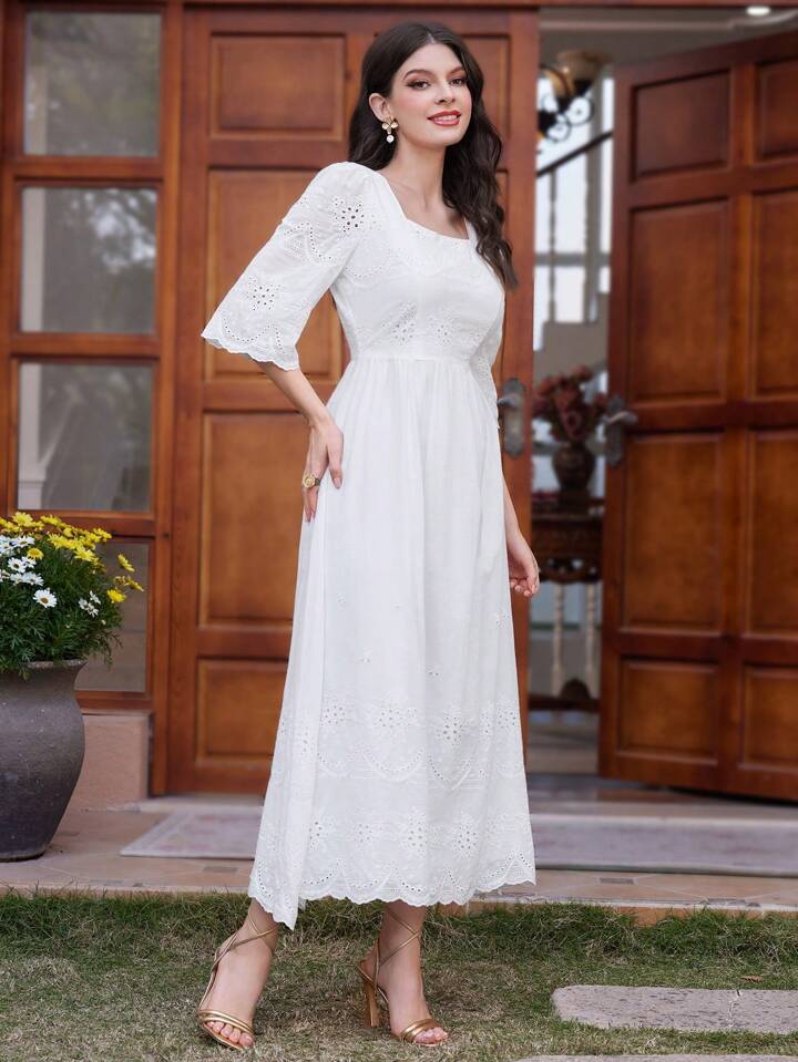 CM-DS576511 Women Trendy Bohemian Style Square Neck Embroidered 3/4 Sleeve Maxi Dress - White