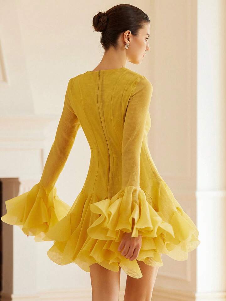 CM-DS291392 Women Elegant Seoul Style High-End Frilled Hem Flared Sleeve Short Dress - Yellow