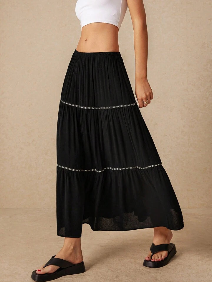 CM-BS838733 Women Trendy Bohemian Style Elastic Waist Patchwork Geometric Long Skirt - Black