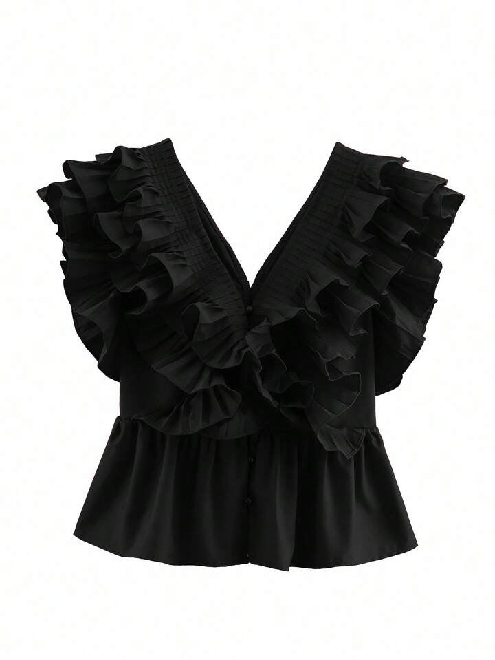 CM-TS444989 Women Elegant Seoul Style V-Neck Flounce Sleeve Multi-Layer Ruffle Pleated Blouse - Black