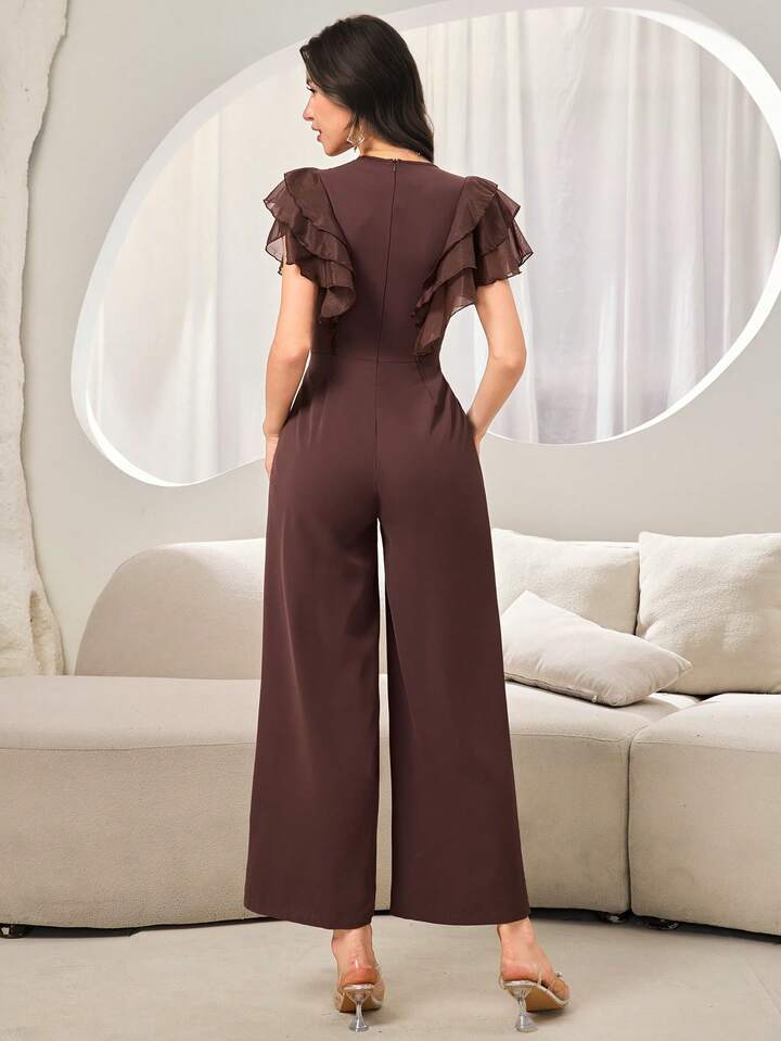 CM-JS303141 Women Elegant Seoul Style Square Neck Flounce Sleeve Ruffle Trim Pleated Jumpsuit - Coffee Brown