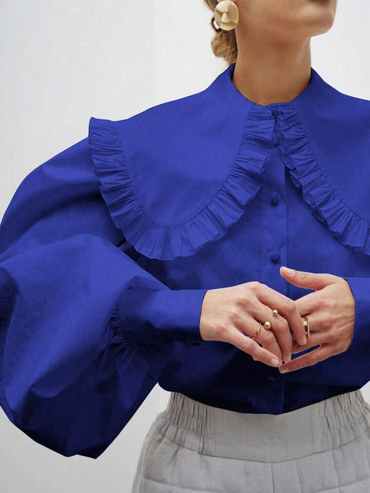 CM-TS278792 Women Elegant Seoul Style Solid Color Peter Pan Collar Bishop Sleeve Ruffle Detail Long Sleeve Blouse