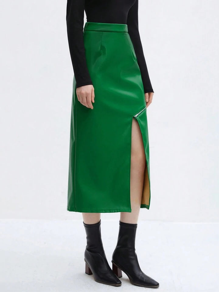 CM-BS095313 Women Elegant Seoul Style High Waist Slit Hem Skinny Skirt - Green