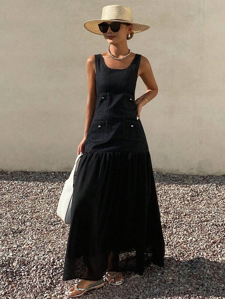 CM-DS140723 Women Casual Seoul Style Dark Wash Scoop Neck Sleeveless Mesh Patchwork Long Denim Dress