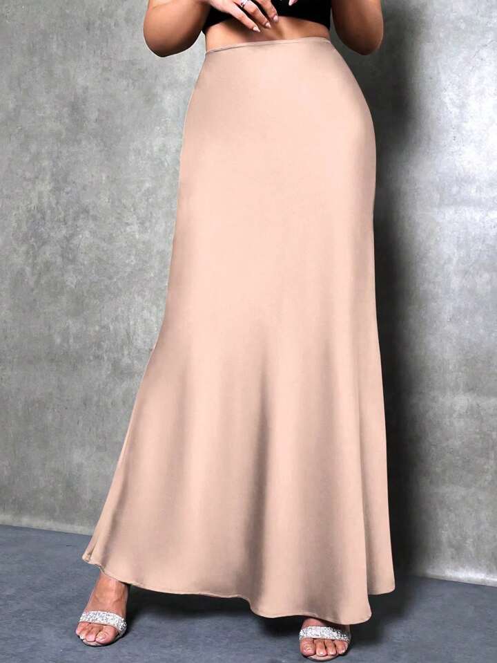 CM-BS786428 Women Casual Seoul Style Solid Asymmetrical Mermaid Hem Skirt - Champagne