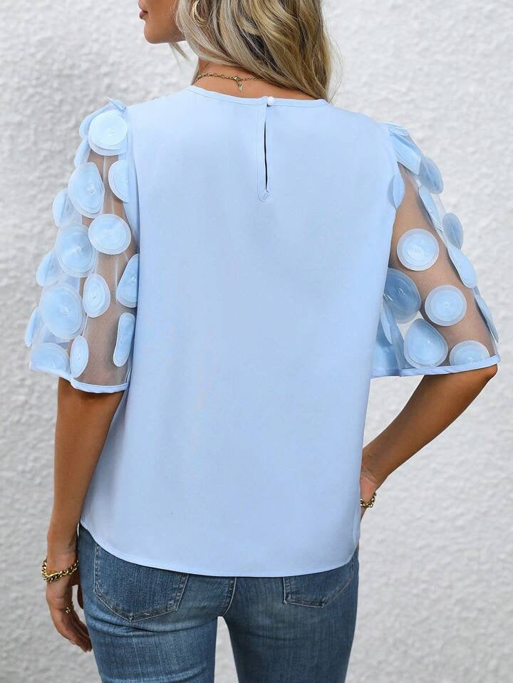 CM-TS511799 Women Casual Seoul Style Round Neck Contrast Mesh Sleeve Blouse - Blue