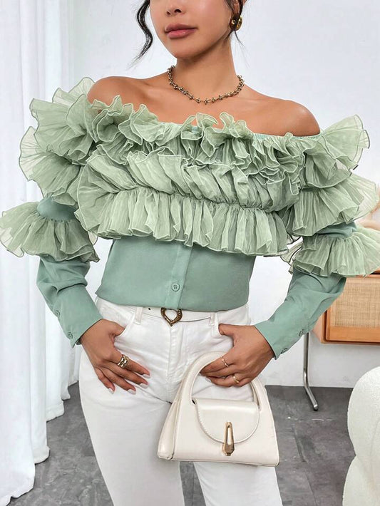 CM-TS069589 Women Elegant Seoul Style Off-Shoulder Tiered Ruffle Trimmed Blouse - Dark Green
