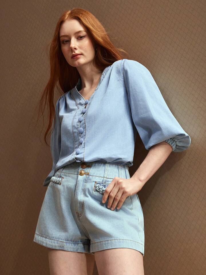 CM-TS906161 Women Casual Seoul Style Notched Neckline 3/4 Sleeve Single-Breasted Denim Blouse - Blue