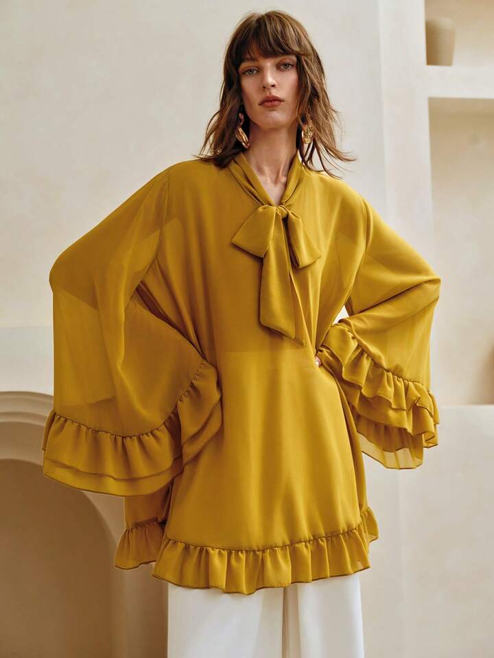 CM-TS466804 Women Elegant Seoul Style Chiffon Ruffle Hem V-Neck Bowknot Long Loose Blouse