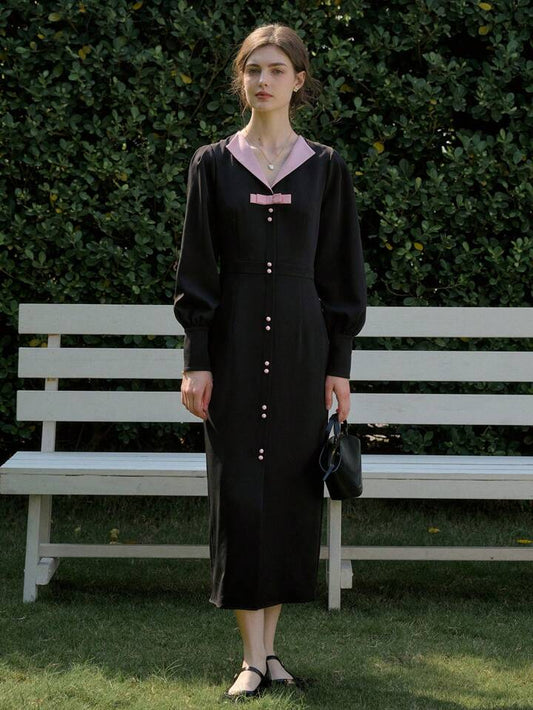 CM-DS223672 Women Retro Seoul Style Patchwork Bow Tie V-Neck Bodycon Long Dress - Black