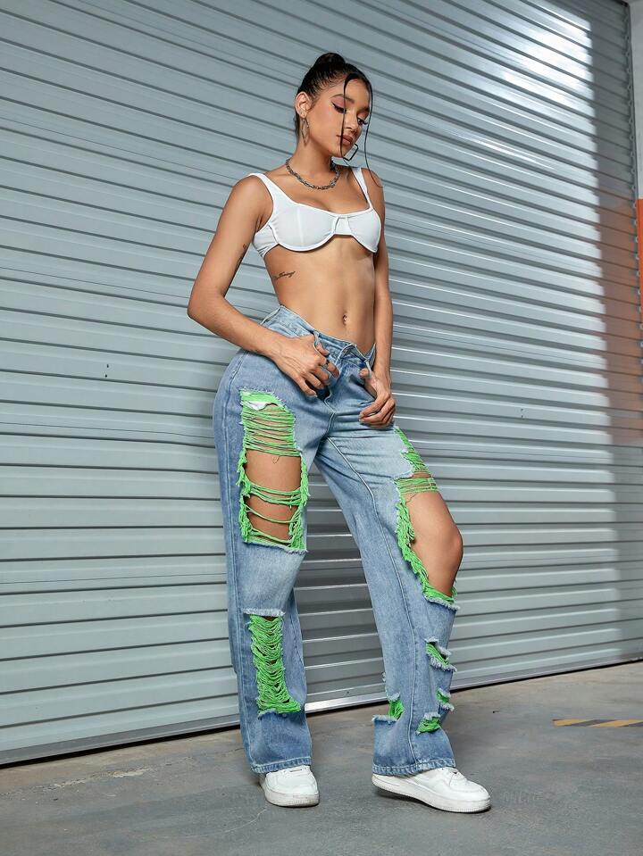 CM-BS802277 Women Casual Seoul Style Contrast Slant Pocket Distressed Ripped Cut Out Straight Leg Pants