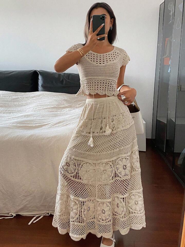 CM-SS154522 Women Trendy Bohemian Style Round Neck Puff Sleeve Knit Blouse With Long Skirt - Set