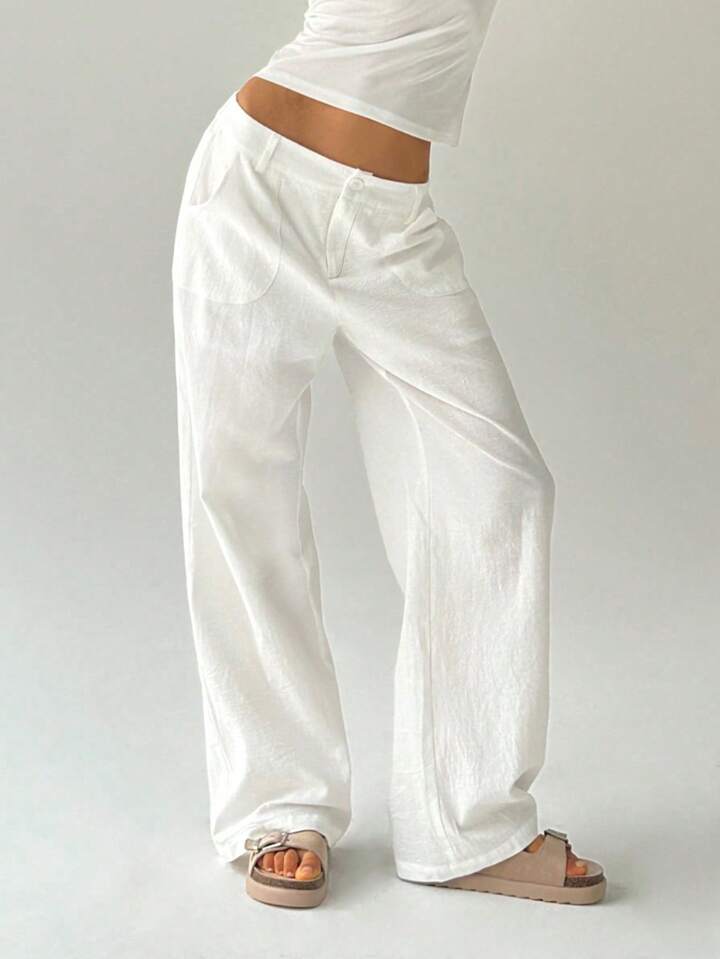 CM-BS275741 Women Casual Seoul Style Solid Color Low Waist Loose Straight Leg Pants - White