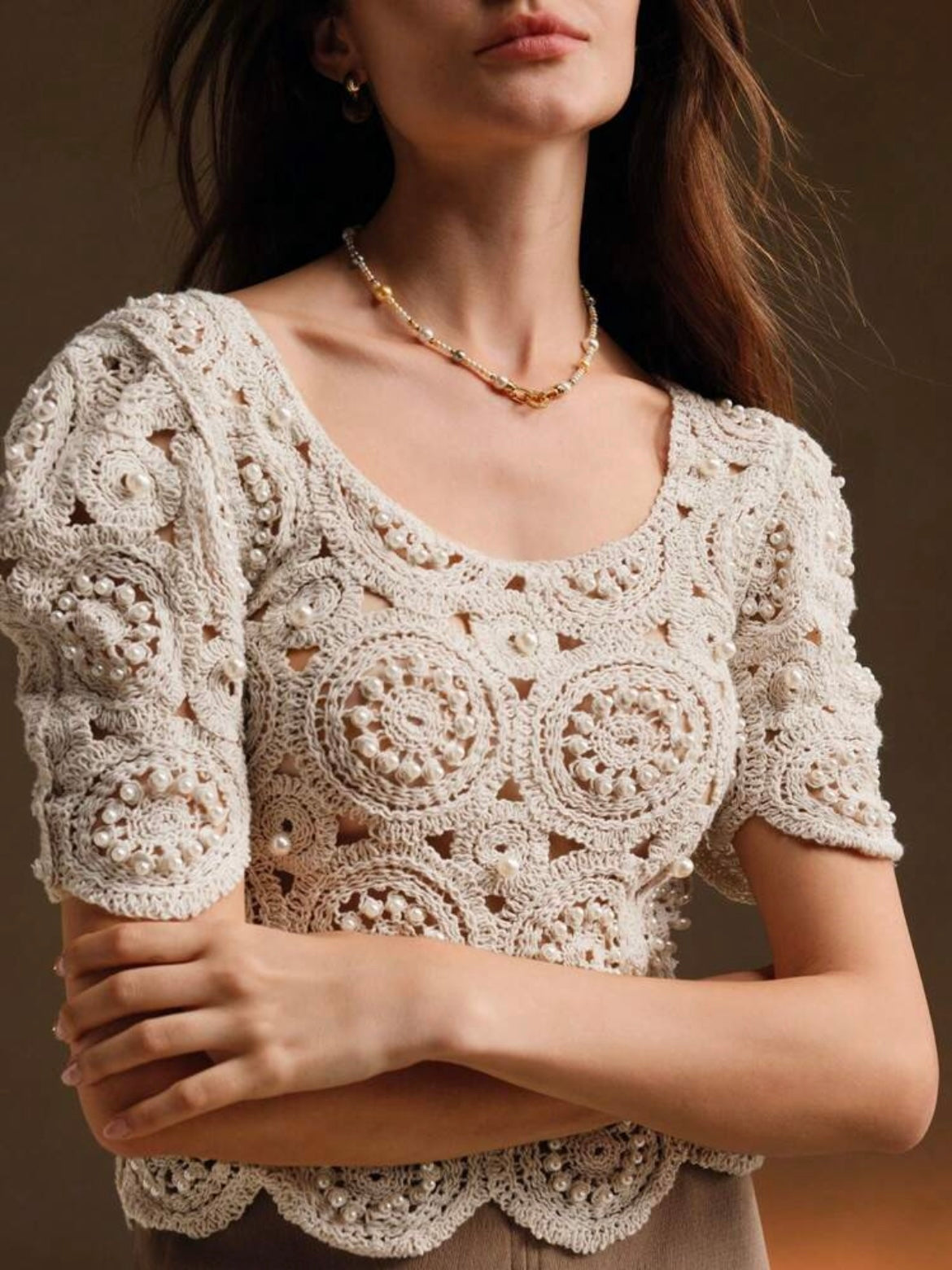 CM-TS880790 Women Casual Seoul Style Crochet Hollow-Out Balloon Sleeve Beaded T-Shirt - Apricot