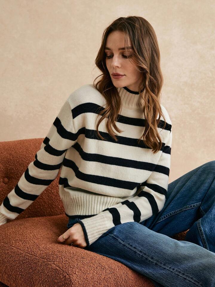 CM-CS287474 Women Casual Seoul Style Striped High-Necked Long Sleeve Rib-Knit Sweater