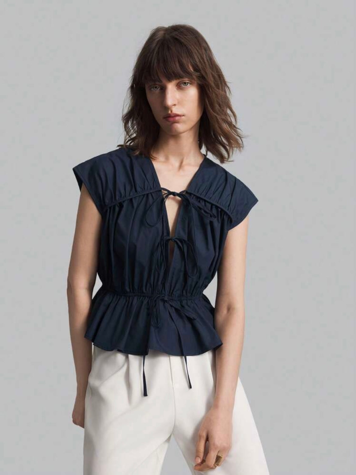 CM-TS801007 Women Casual Seoul Style Solid Color V-Neck Sleeveless Linen Shirt - Navy Blue