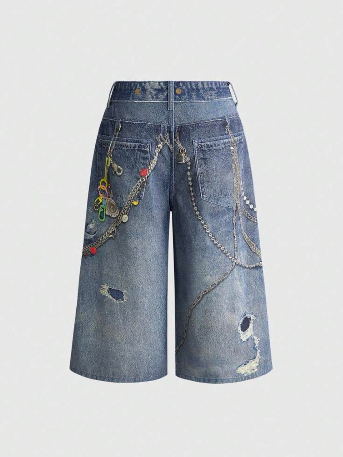 CM-BS535636 Women Casual Seoul Style Distressed Washed Chain Badge Print Wide Leg Jeans - Blue