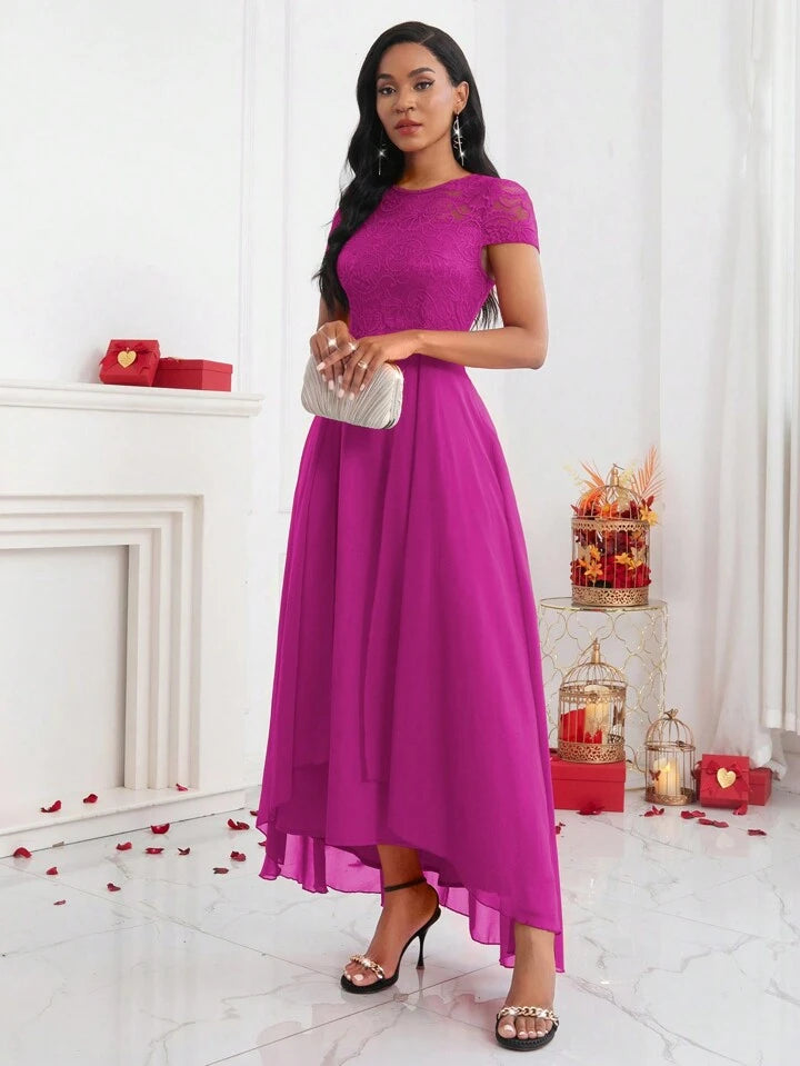 CM-DS667745 Women Elegant Seoul Style Lace Round Neck Cap Sleeve A-Line Long Dress - Hot Pink