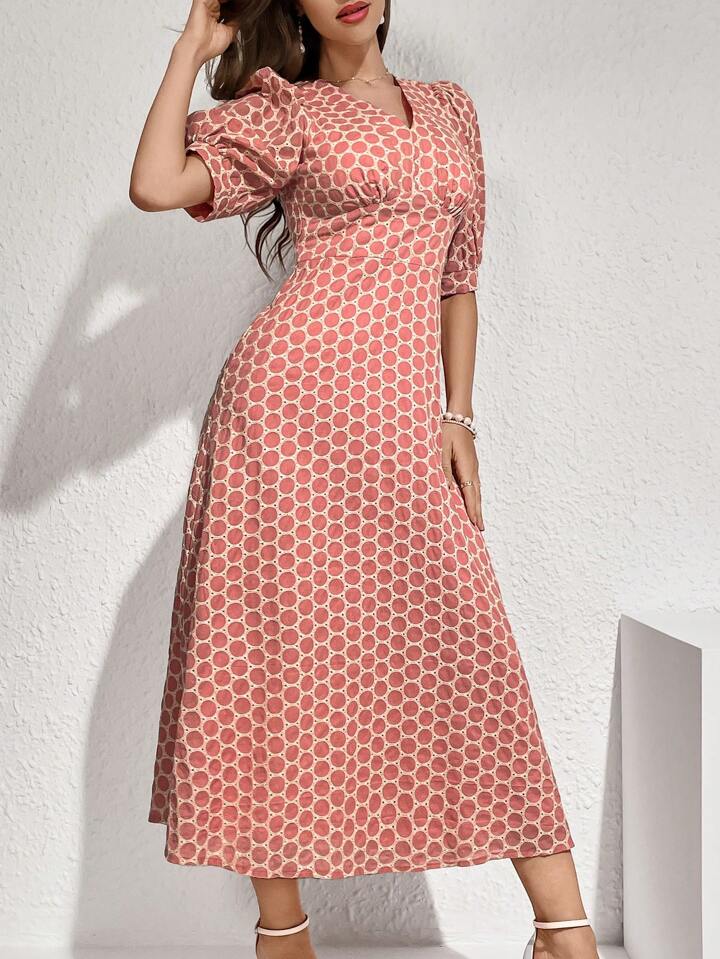 CM-DS301719 Women Elegant Seoul Style Polka Dot Print V-Neck Short Sleeve Belted Dress - Pink