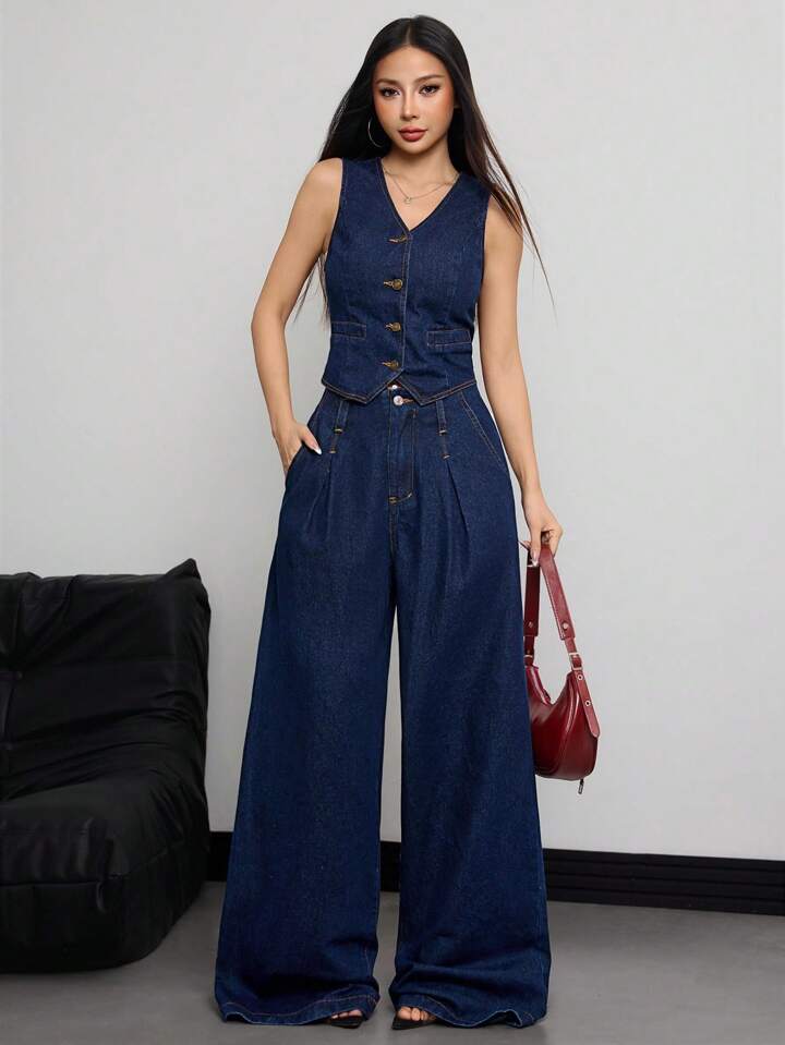 CM-BS170080 Women Casual Seoul Style Mid Waist Loose Extra Long Straight-Leg Denim Jeans - Blue