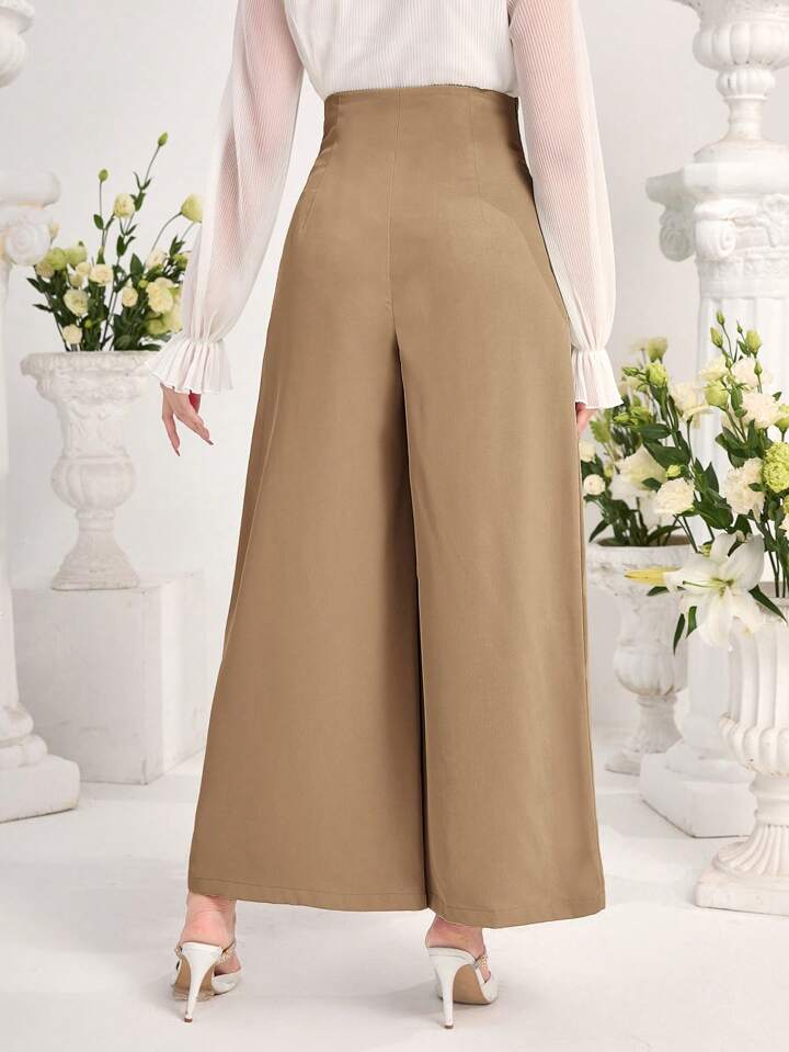 CM-BS192033 Women Elegant Seoul Style Solid Color Pleated Wide-Leg Pants - Khaki