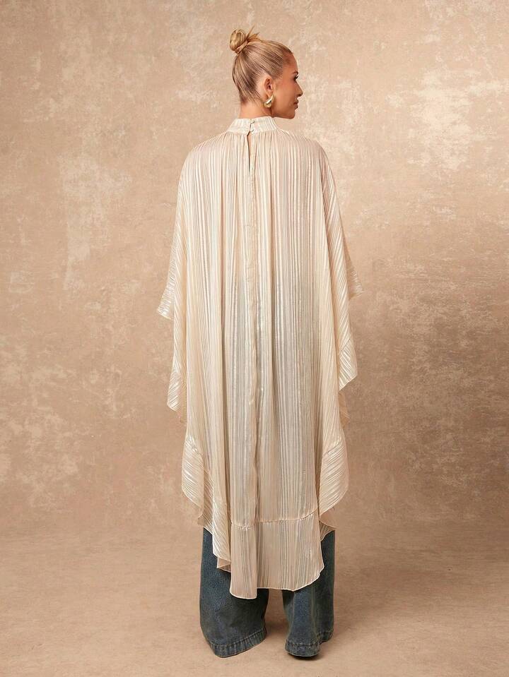 CM-TS246700 Women Casual Seoul Style Asymmetric Ruffle Hem Loose Collar Shawl Blouse - Apricot
