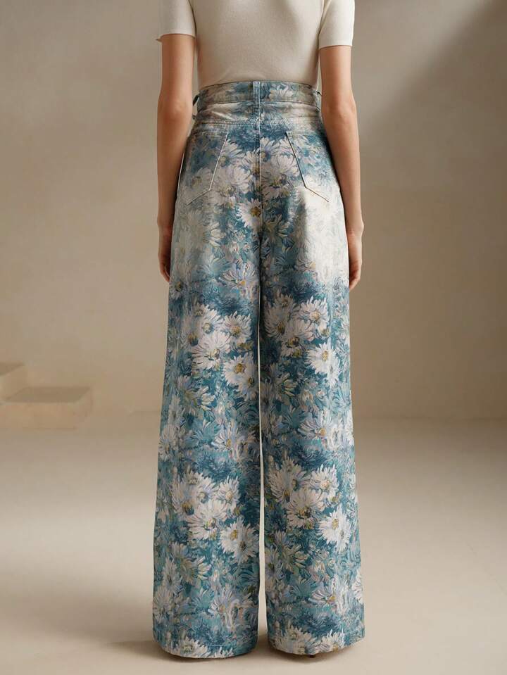 CM-BS372161 Women Casual Seoul Style Floral Printed High-Waisted Wide Leg Jeans