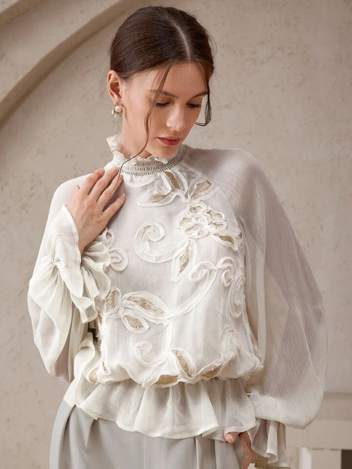 CM-TS233759 Women Trendy Bohemian Style Stand Collar Raglan Sleeve Sequin Decor Loose Fit Blouse - White