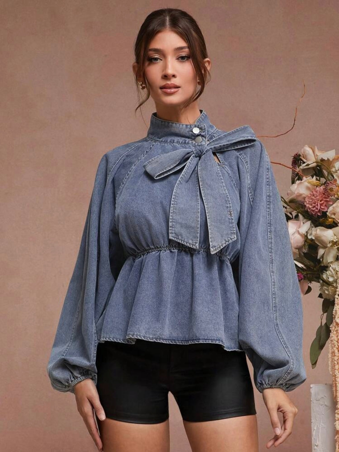 CM-TS532112 Women Casual Seoul Style Light Wash Bow Neck Tie Balloon Sleeve Peplum Denim Top