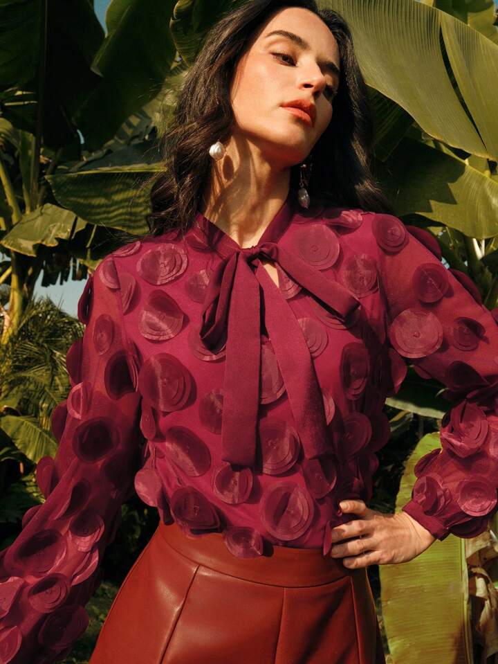 CM-TS210056 Women Elegant Seoul Style Bow 3D Circular Pleated Design Long Sleeve Blouse - Burgundy