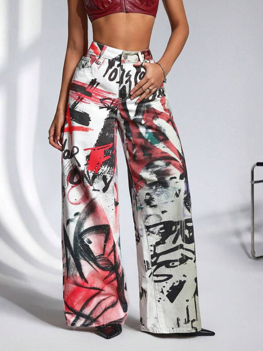 CM-BS645242 Women Casual Seoul Style Mid Waist All-Over Print Wide Leg Denim Long Pants