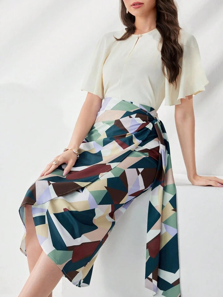 CM-BS808550 Women Elegant Seoul Style Geometric Print Knot Side Wrap Skirt