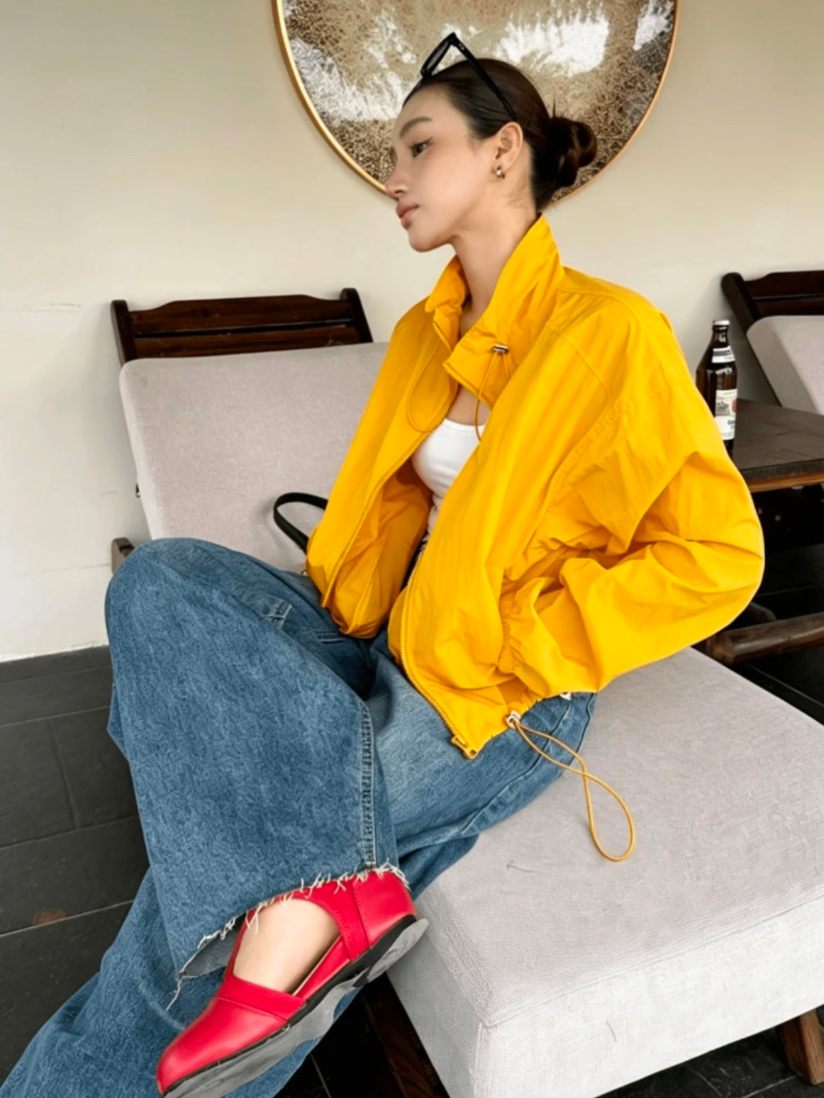 CM-CS765244 Women Casual Seoul Style Drawstring Collar Loose Fit Short Lightweight Jacket - Yellow