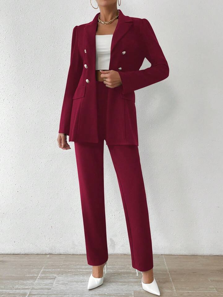 CM-SS205082 Women Elegant Seoul Style Lapel Double Button Suit Jacket With Trousers - Burgundy