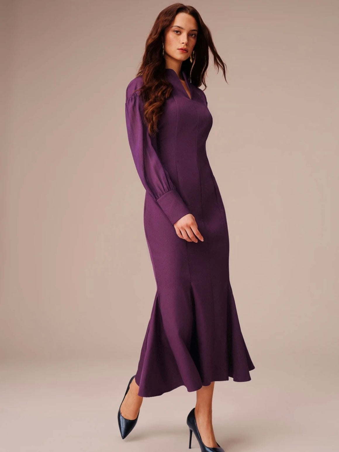 CM-DS873232 Women Elegant Seoul Style Chiffon V-Notch Stand Collar Sheer Puff Sleeves Mermaid Hem Long Dress